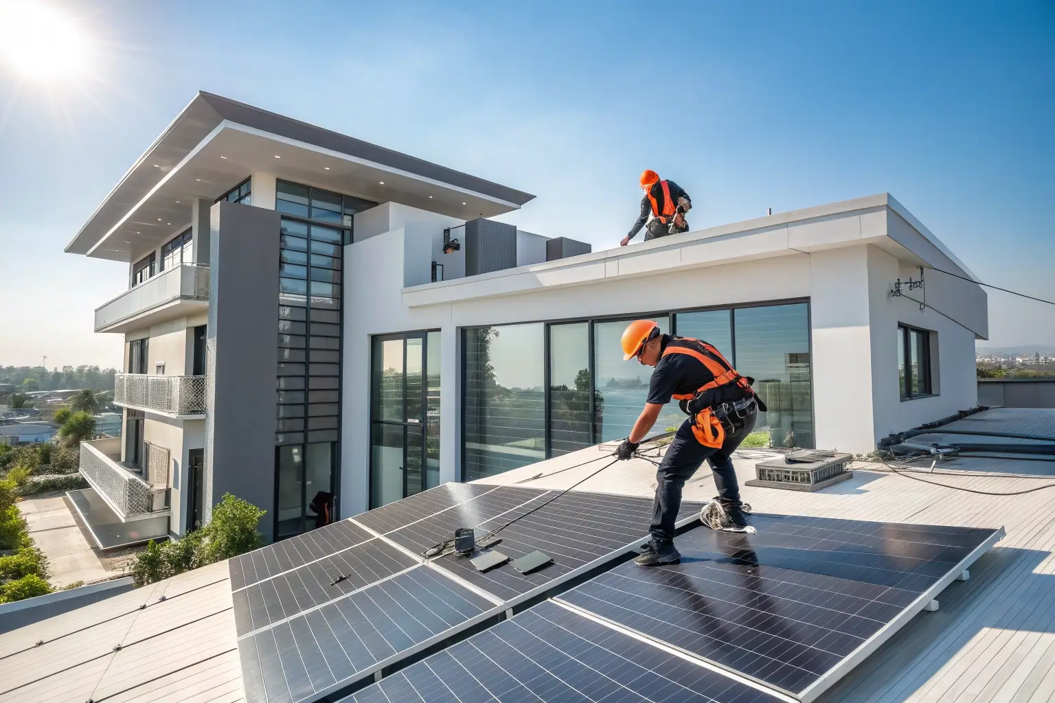 Solar engineers installing rooftop panels on a modern Indian house under clear daylight